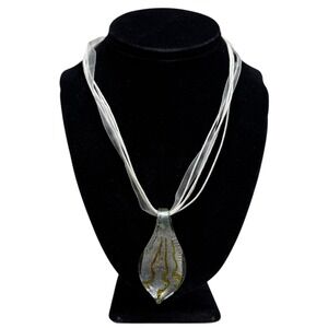 Murano Style Glass Pendant Necklace Iridescent Silver Gold Accent Ribbon 11 in L